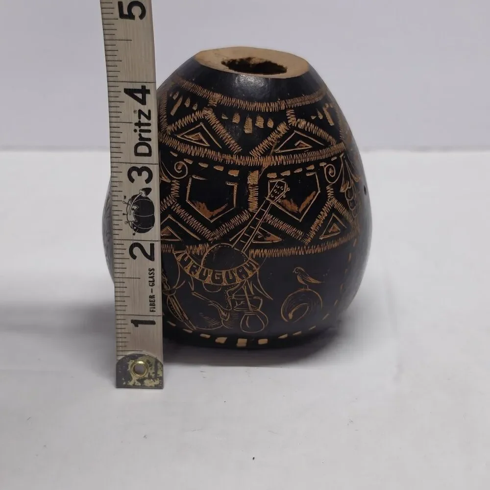 Hand Carved Gourd Vase Decor Tribal Rustic Ethnic Traditional Folk Art Uruguay
